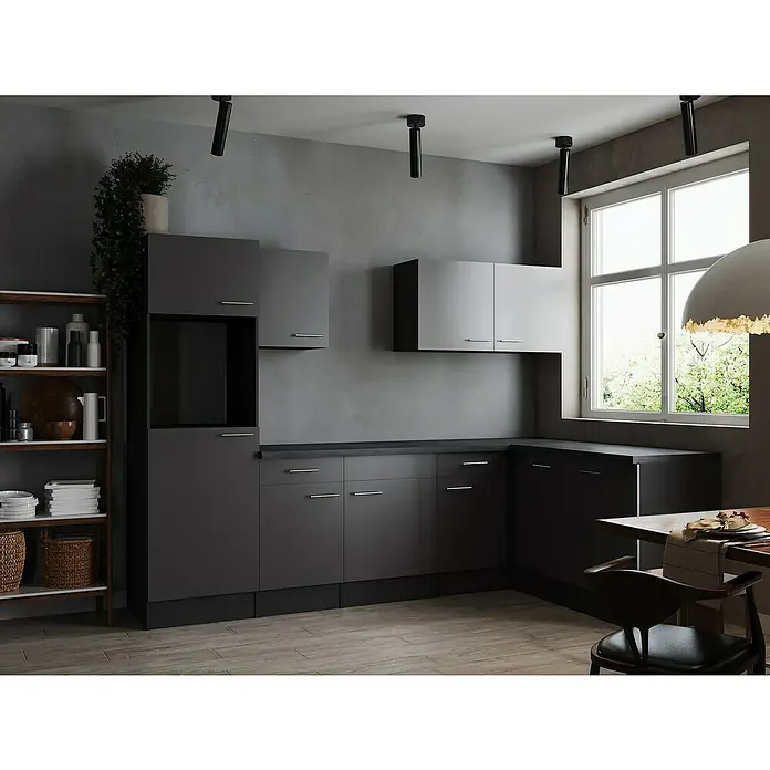 Respekta Olivia Winkelküche - Breite: 280 cm, Grau, Ohne Elektrogeräte - Modernes Küchendesign in Grau mit schlichten Schränken, Regalen und einer hellen Fensterfront. Die Küche strahlt Eleganz und Funktionalität aus.