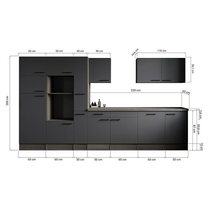 Respekta Olivia Küchenleerblock (Breite: 370 cm, Artisan Eiche Nachbildung Grau, Ohne Elektrogeräte, Schwarze Griffe) | BAUHAUS