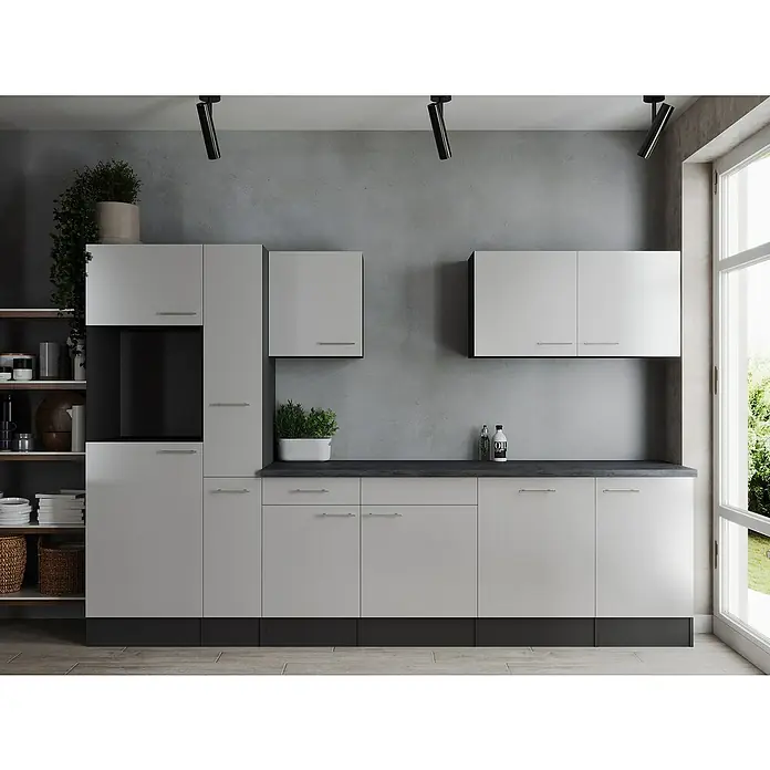 Respekta Olivia Küchenleerblock - Breite: 310 cm, Weiß, Ohne Elektrogeräte, Silberne Griffe - Modernes Küchendesign mit grauen Schränken, schwarzer Arbeitsplatte und integrierten Regalen für eine stilvolle und funktionale Kücheneinrichtung.