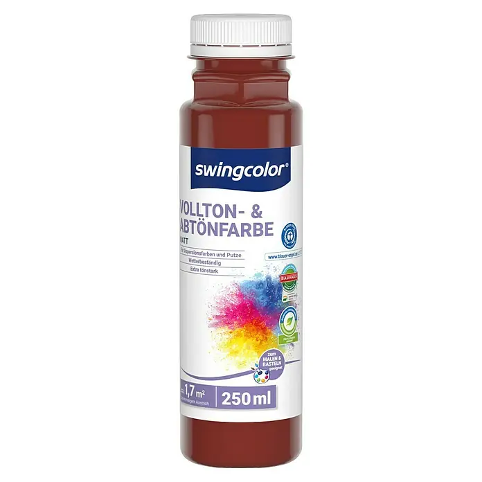 swingcolor Vollton- & Abtönfarbe - Brombeerrot, Matt, 250 ml, Konservierungsmittelfrei - Eine Flasche Swingcolor Vollton- & Abtönfarbe Matt, ideal zum Mischen von Farbtönen und zum Basteln, mit einem Inhalt von 250 ml.