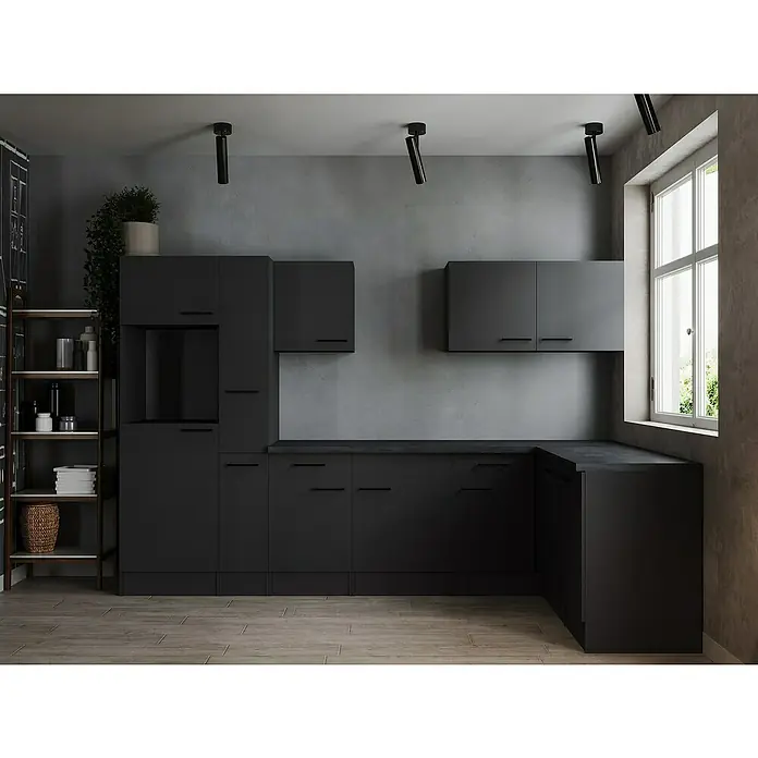 Respekta Olivia Winkelküche - Breite: 310 cm, Grau matt, Ohne Elektrogeräte - Elegante, moderne Küche in dunklen Farbtönen mit schlichten Schränken, die eine stilvolle und funktionale Raumatmosphäre schaffen.