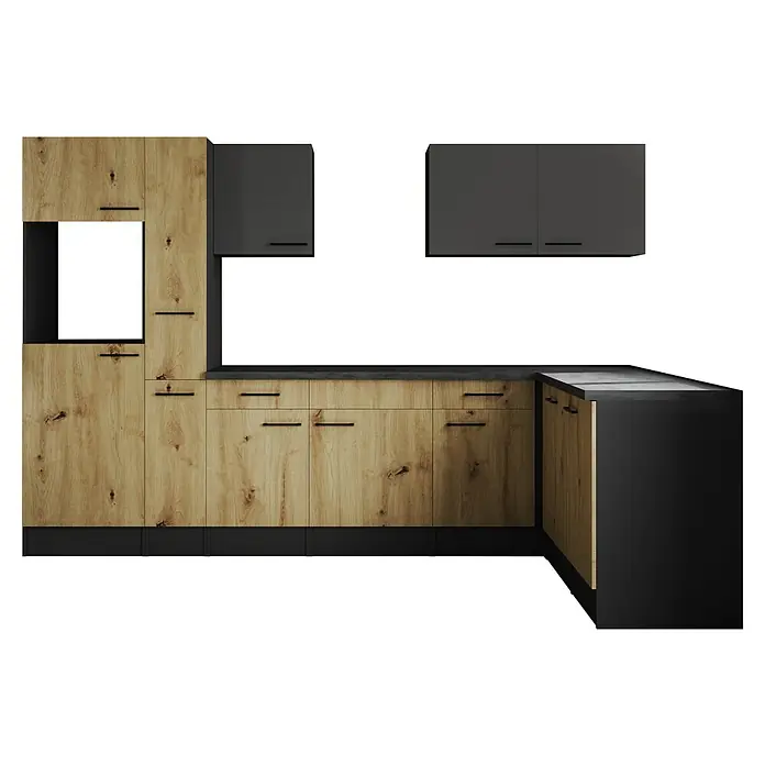 Respekta Olivia Winkelküche - Breite: 310 cm, Artisan Eiche Nachbildung/Grau, Ohne Elektrogeräte - Elegante Küche mit Holzfronten und schwarzen Akzenten. Die modernen Schränke bieten viel Stauraum und ein stilvolles Design für Ihr Zuhause.