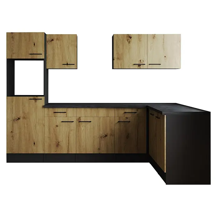 Respekta Olivia Winkelküche - Breite: 280 cm, Artisan Eiche, Ohne Elektrogeräte - Küchenschränke mit Holzfronten und schwarzen Griffen. Das moderne Design verleiht der Küche eine warme und stilvolle Note.