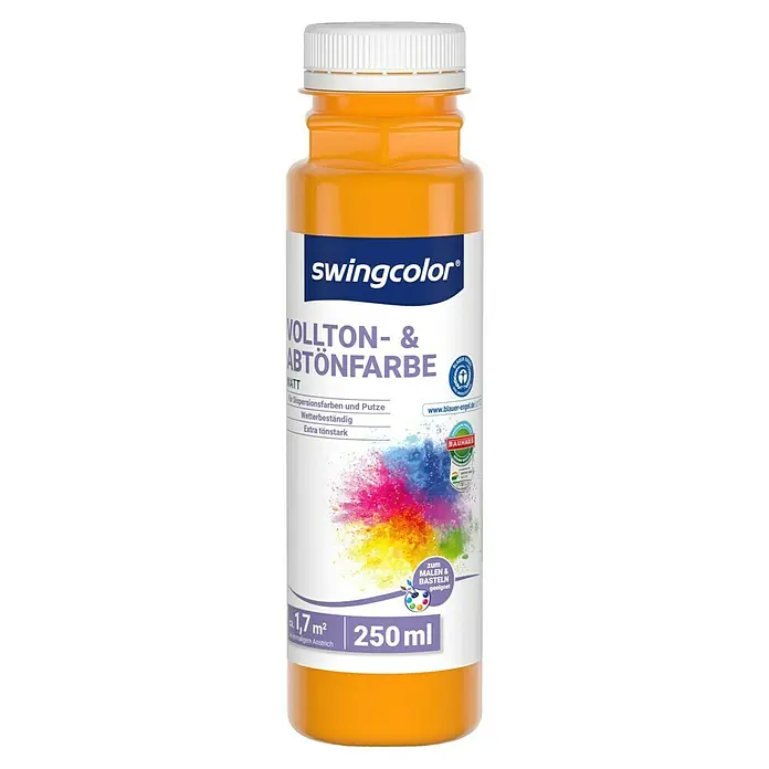 swingcolor Vollton- & Abtönfarbe - Signalgelb, Matt, 250 ml, Konservierungsmittelfrei - Farbflasche Swingcolor Vollton- & Abtönfarbe, matt, 250ml, geeignet zum Malen und Basteln, mit blauem Engel Umweltzeichen.