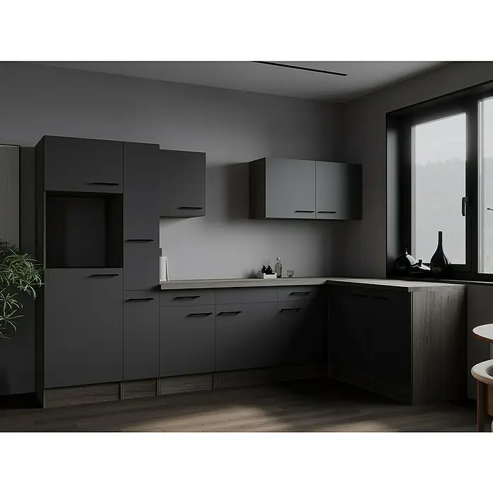Respekta Olivia Winkelküche - Breite: 310 cm, Eiche-Grau, Ohne Elektrogeräte - Moderne Küche mit grauen Schränken, minimalistischem Design und einer stilvollen Fensterdekoration.