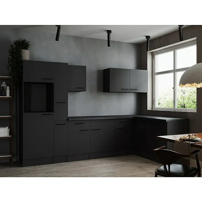 Respekta Olivia Winkelküche - Breite: 310 cm, Grau matt, Ohne Elektrogeräte - Moderne graue Küche mit dunklen Schränken, minimalistischem Design und viel Stauraum. Elegante Beleuchtung ergänzt die schlichte Ästhetik.