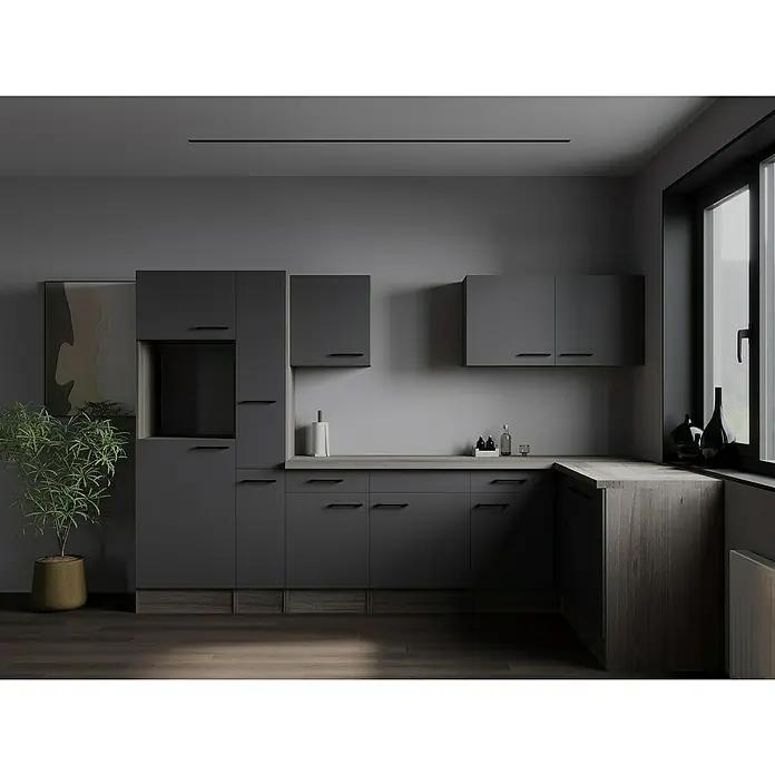 Respekta Olivia Winkelküche - Breite: 310 cm, Eiche-Grau, Ohne Elektrogeräte - Moderne graue Küchenzeile mit minimalistischem Design, klaren Linien und indirekter Beleuchtung für eine elegante Atmosphäre.