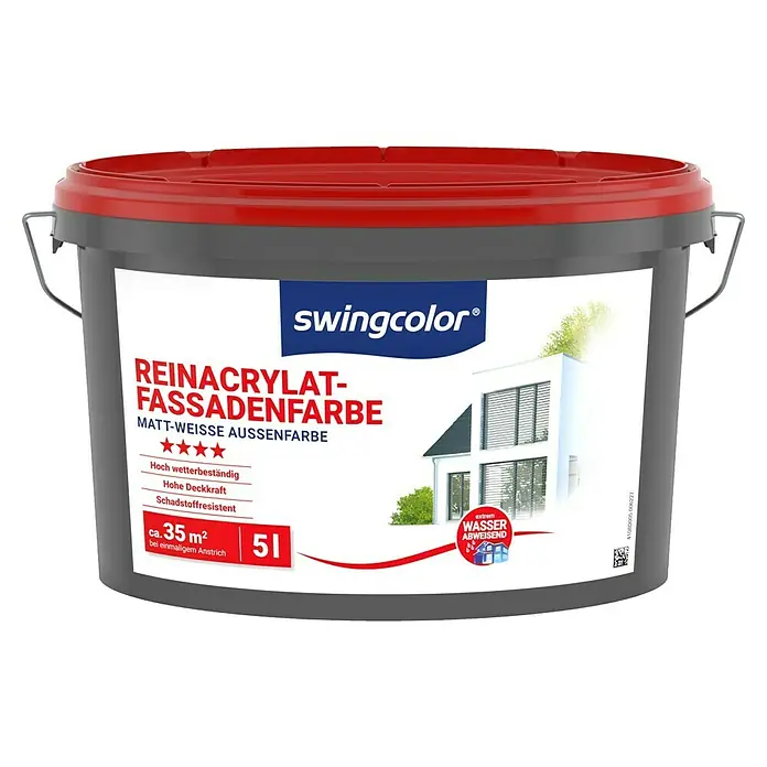 swingcolor Reinacrylat-Fassadenfarbe - Schneeweiß, 5 l - Abbildung eines Eimers Swingcolor Reinacrylat Fassadenfarbe, matt-weiße Außenfarbe, 5 Liter Inhalt, mit extrem wasserabweisenden Eigenschaften.