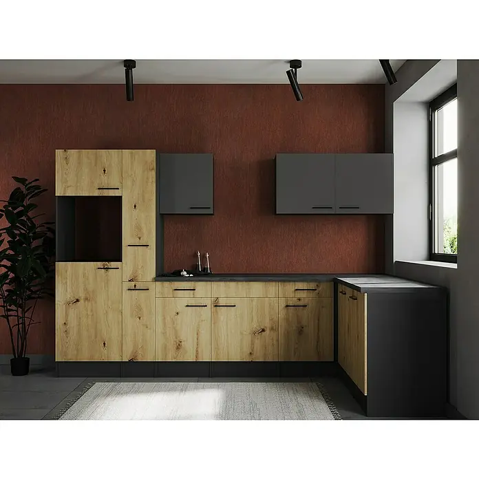 Respekta Olivia Winkelküche - Breite: 310 cm, Artisan Eiche Nachbildung/Grau, Ohne Elektrogeräte - Moderne Küche mit Holzfronten und grauen Schränken. Die Kombination aus Holz und Grau verleiht der Küche einen eleganten Look.