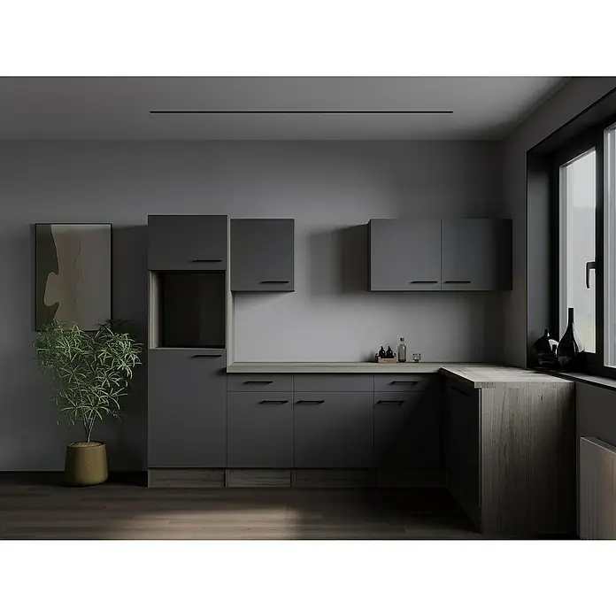 Respekta Olivia Winkelküche - Breite: 280 cm, Eiche-Grau, Ohne Elektrogeräte - Modernes Küchendesign mit grauen Schränken, einer Arbeitsplatte in Holzoptik und einer minimalistischen Dekoration, die eine elegante Atmosphäre schafft.