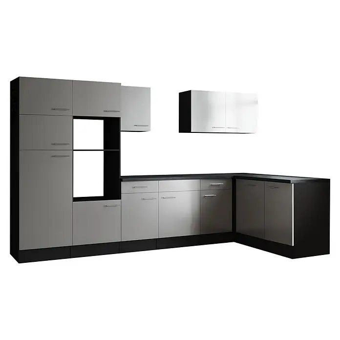 Respekta Olivia Winkelküche - Breite: 340 cm, Weiß, Ohne Elektrogeräte - Eine moderne Küche mit weißen und grauen Schränken und Schubladen, die ein elegantes und funktionales Design bietet.