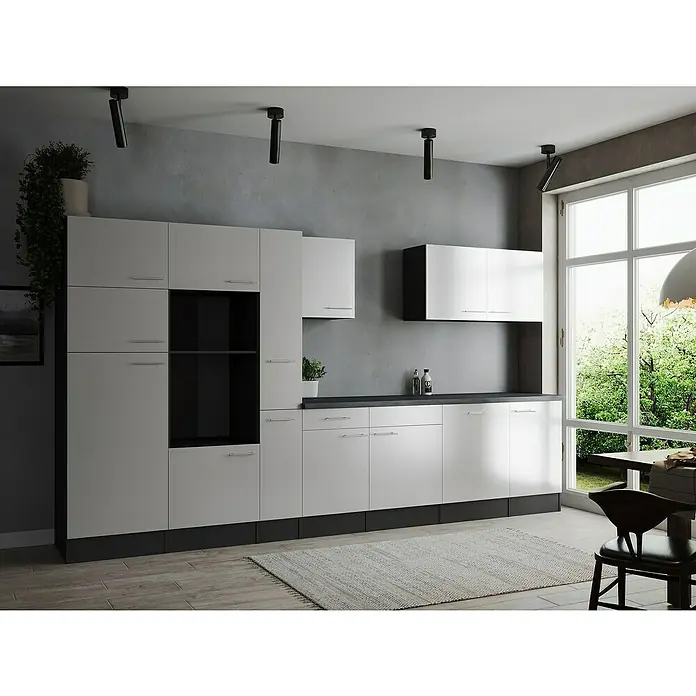 Respekta Olivia Küchenleerblock - Breite: 370 cm, Weiß, Ohne Elektrogeräte, Silberne Griffe - Modernes Küchendesign mit weißen Schränken, dunklen Akzenten und viel Stauraum. Das minimalistische Design fügt sich nahtlos in jeden Raum ein.