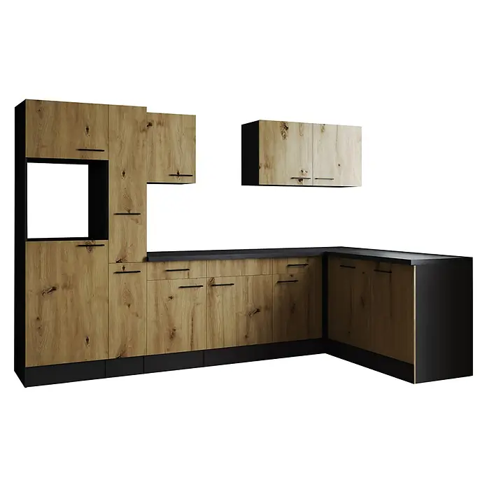Respekta Olivia Winkelküche - Breite: 310 cm, Artisan Eiche, Ohne Elektrogeräte - Küchenzeile in Holzoptik mit schwarzen Akzenten. Moderne Küche mit viel Stauraum und elegantem Design.