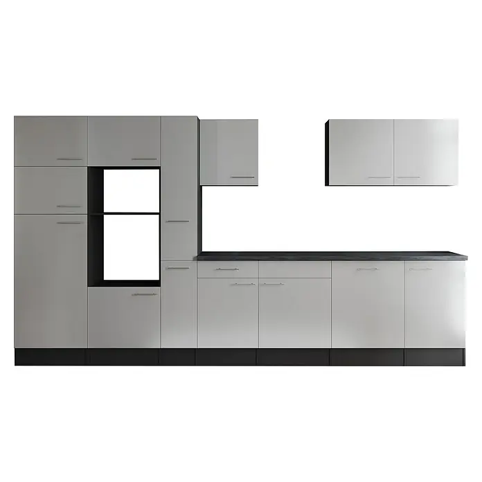 Respekta Olivia Küchenleerblock - Breite: 370 cm, Weiß, Ohne Elektrogeräte, Silberne Griffe - Ein modernes Küchenensemble in Weiß und Grau, das durch sein schlichtes Design und seine Funktionalität besticht. Die Küchenschränke bieten viel Stauraum.