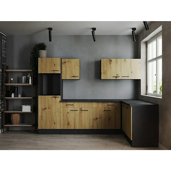 Respekta Olivia Winkelküche - Breite: 280 cm, Artisan Eiche, Ohne Elektrogeräte - Küchenaufnahme mit Holzschränken, schwarzen Arbeitsplatten und Regalen, beleuchtet durch Deckenstrahler.