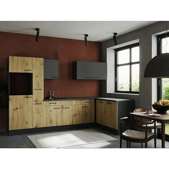 Respekta Olivia Winkelküche - Breite: 310 cm, Artisan Eiche Nachbildung/Grau, Ohne Elektrogeräte - Moderne Küche mit Holzfronten und grauen Elementen. Die Beleuchtung setzt Akzente im Raum.