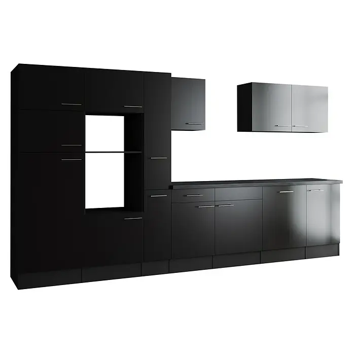 Respekta Olivia Küchenleerblock - Breite: 370 cm, Schwarz, Ohne Elektrogeräte, Silberne Griffe - Moderne Küchenzeile in dunklem Design mit viel Stauraum, inklusive Hänge- und Unterschränken sowie offenen Regalen. Elegantes und funktionales Design.