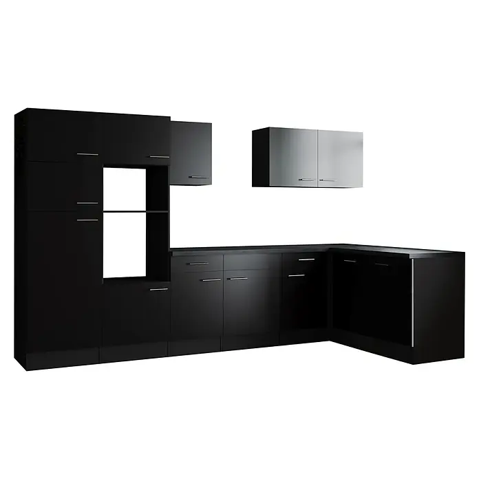 Respekta Olivia Winkelküche - Breite: 340 cm, Schwarz, Ohne Elektrogeräte - Elegante schwarze Küche mit modernen Schränken und Arbeitsflächen. Das Design kombiniert Stil und Funktionalität für ein optimales Kocherlebnis.