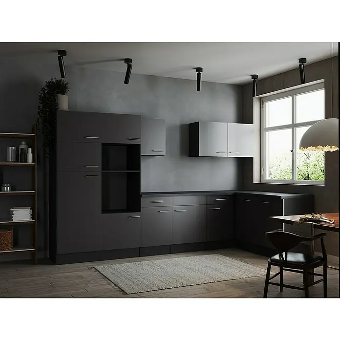 Respekta Olivia Winkelküche - Breite: 340 cm, Grau, Ohne Elektrogeräte - Moderne graue Küche mit modularen Schränken, Arbeitsfläche, Regalen und Akzentbeleuchtung für ein stilvolles und funktionales Design.