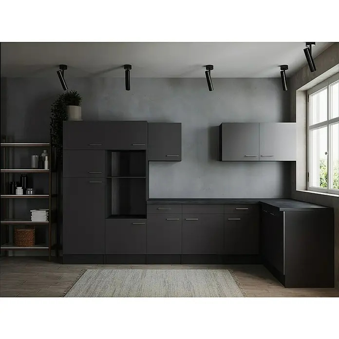 Respekta Olivia Winkelküche - Breite: 340 cm, Grau, Ohne Elektrogeräte - Moderne Küche mit dunklen Schränken, minimalistischem Design und natürlichem Licht. Die perfekte Kombination aus Stil und Funktionalität.