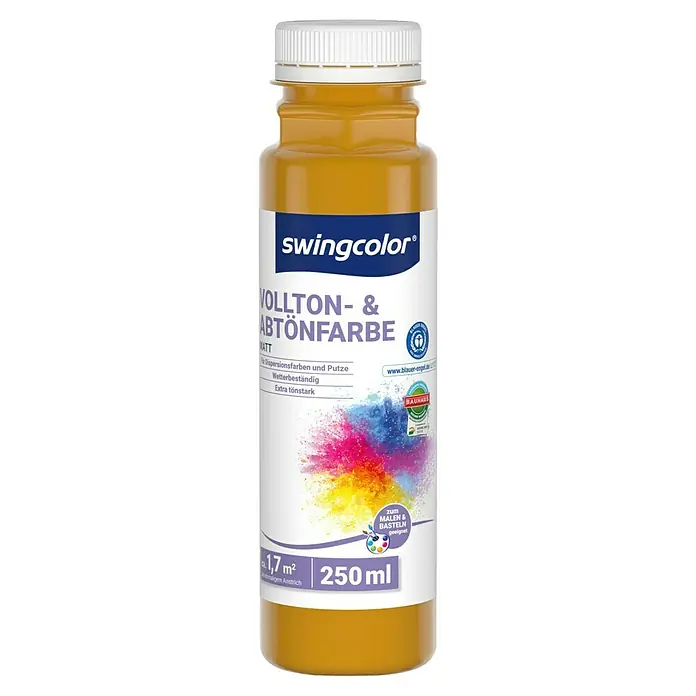 swingcolor Vollton- & Abtönfarbe - Ocker, Matt, 250 ml, Konservierungsmittelfrei - Abbildung einer 250ml-Flasche Swingcolor Vollton- & Abtönfarbe, ideal zum Malen und Basteln, mit hoher Deckkraft und Wetterbeständigkeit.