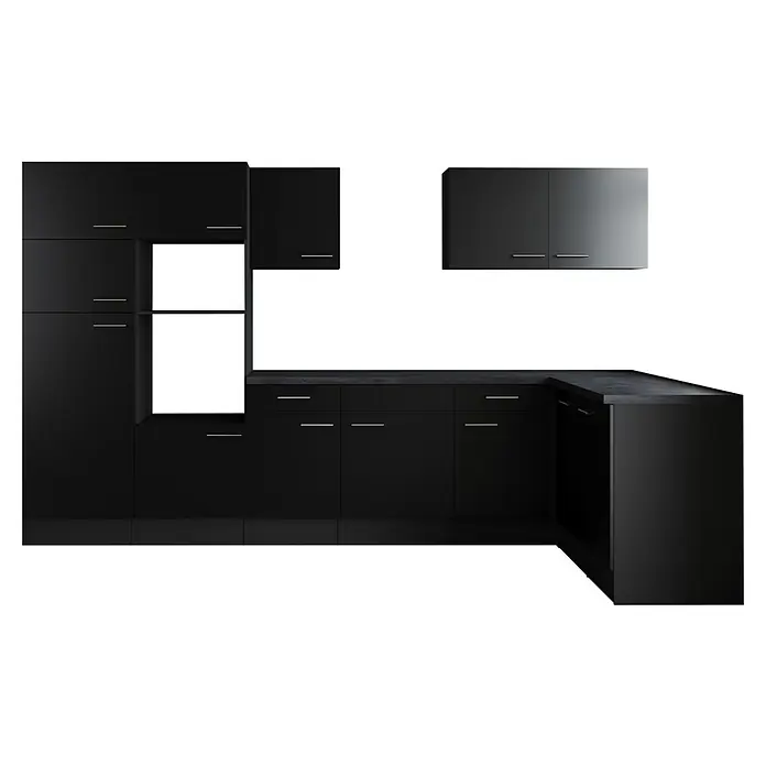 Respekta Olivia Winkelküche - Breite: 340 cm, Schwarz, Ohne Elektrogeräte - Elegante schwarze Küche mit modernen Griffen, die ein stilvolles und minimalistisches Design bietet. Perfekt für moderne Wohnräume.