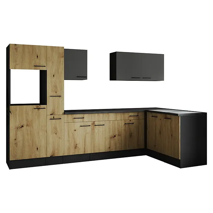 Respekta Olivia Winkelküche - Breite: 310 cm, Artisan Eiche Nachbildung/Grau, Ohne Elektrogeräte - Küchenzeile mit hellen Holzfronten und dunklen Arbeitsplatten, Hängeschränke in Grau, modernes Design für stilvolle Einrichtung.