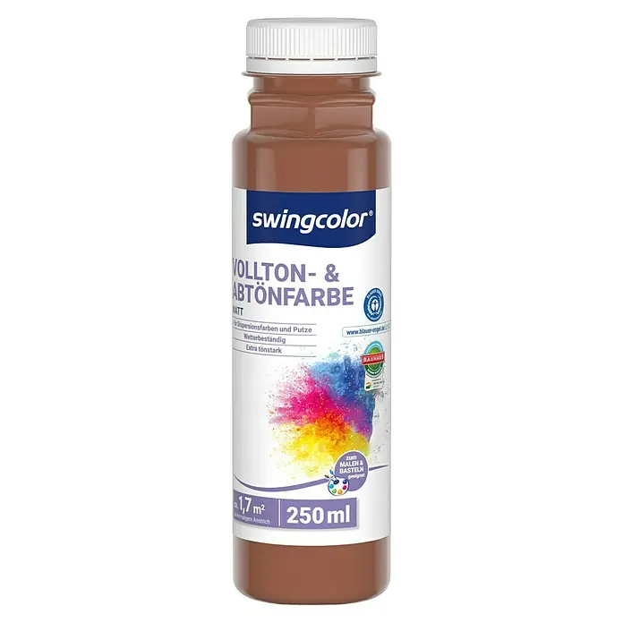 swingcolor Vollton- & Abtönfarbe - Moccabraun, Matt, 250 ml, Konservierungsmittelfrei - Abbildung einer 250ml Flasche Swingcolor Vollton- & Abtönfarbe in Matt. Ideal zum Mischen und für kreative Projekte.