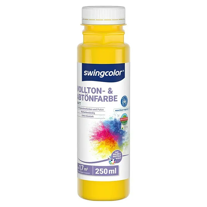 swingcolor Vollton- & Abtönfarbe - Rapsgelb, Matt, 250 ml, Konservierungsmittelfrei - Gelbe Swingcolor Vollton- & Abtönfarbe (250 ml) für Dispersionsfarben und Putze, wetterbeständig und extra tönstark.