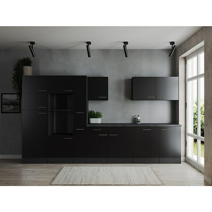 Respekta Olivia Küchenleerblock (Breite: 370 cm, Schwarz, Ohne Elektrogeräte, Silberne Griffe) | BAUHAUS