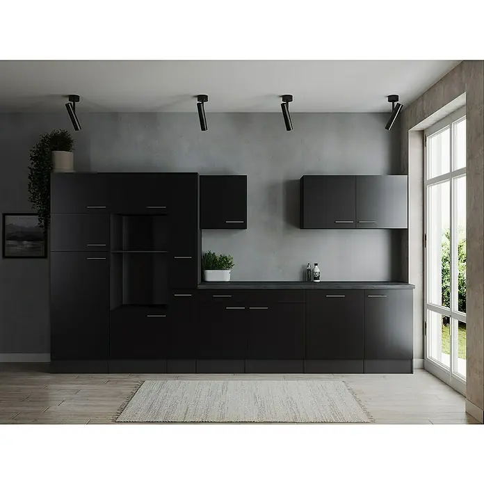 Respekta Olivia Küchenleerblock - Breite: 370 cm, Schwarz, Ohne Elektrogeräte, Silberne Griffe - Moderne schwarze Küche mit minimalistischen Schränken und Spots für eine stilvolle Atmosphäre, ergänzt durch einen hellen Teppich und viel Tageslicht.
