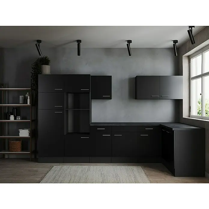 Respekta Olivia Winkelküche - Breite: 340 cm, Schwarz, Ohne Elektrogeräte - Moderne schwarze Küche mit minimalistischem Design, integrierten Geräten und viel Stauraum. Ideal für zeitgemäße Wohnräume.