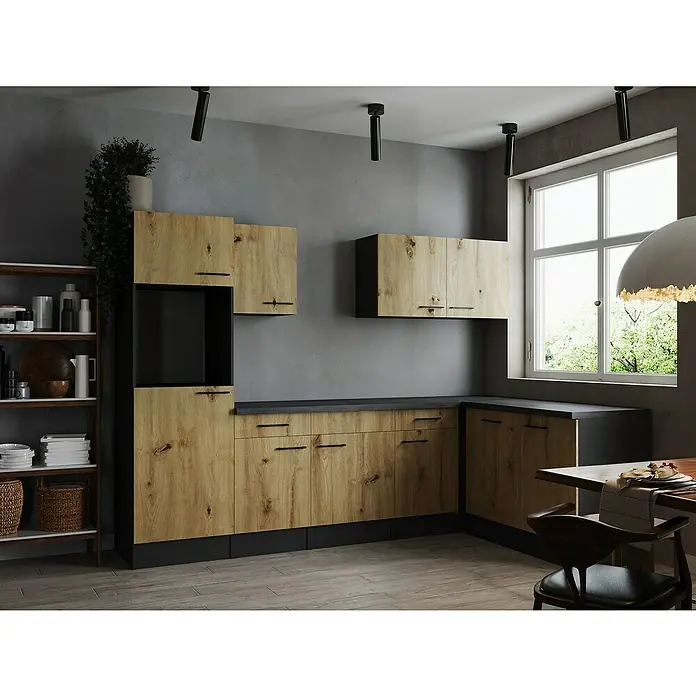 Respekta Olivia Winkelküche - Breite: 280 cm, Artisan Eiche, Ohne Elektrogeräte - Modern gestaltete Küche mit Holzfronten, grauen Wänden und schwarzen Akzenten, die eine stilvolle und einladende Atmosphäre schafft.