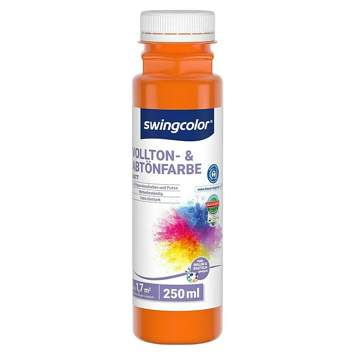 swingcolor Vollton- & Abtönfarbe - Gelborange, Matt, 250 ml, Konservierungsmittelfrei - Vollton- & Abtönfarbe von Swingcolor in einer 250 ml Flasche. Die Farbe ist orange und für Dispersionen und Putze geeignet.