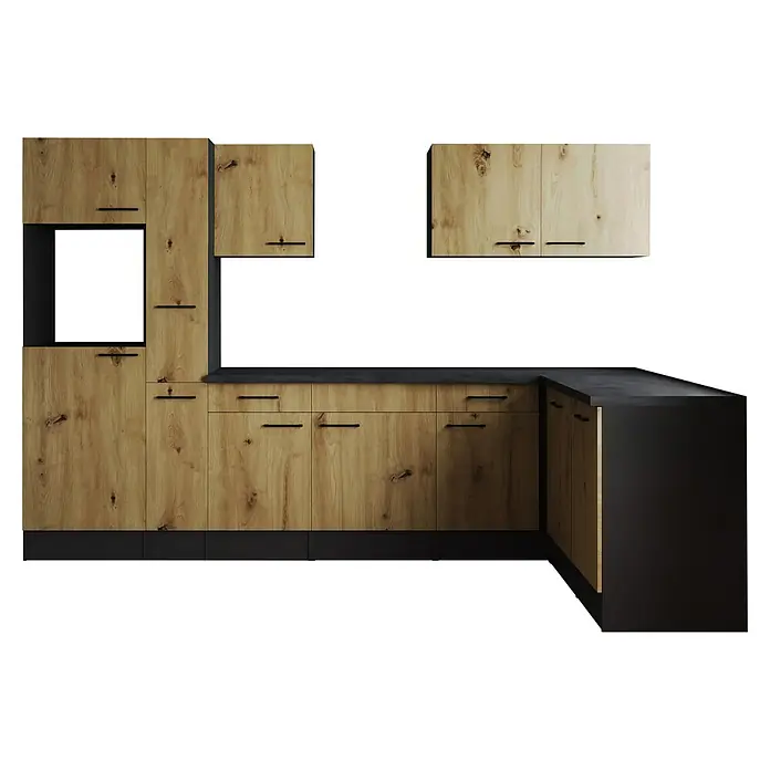Respekta Olivia Winkelküche - Breite: 310 cm, Artisan Eiche, Ohne Elektrogeräte - Eine moderne Küche mit hellen Holzfronten und schwarzen Akzenten, inklusive Hängeschränke und Einbaugeräten. Stilvolles Design für Ihr Zuhause.