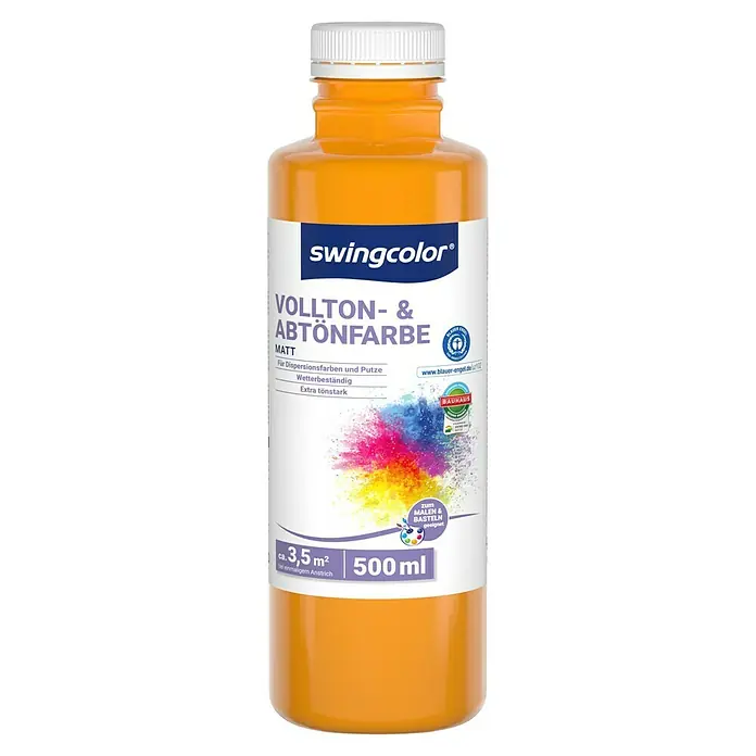 swingcolor Vollton- & Abtönfarbe - Signalgelb, Matt, 500 ml, Konservierungsmittelfrei - Abbildung einer Flasche Swingcolor Vollton- & Abtönfarbe Matt, ideal für Dispersionsfarben und Putze, mit 500 ml Inhalt.
