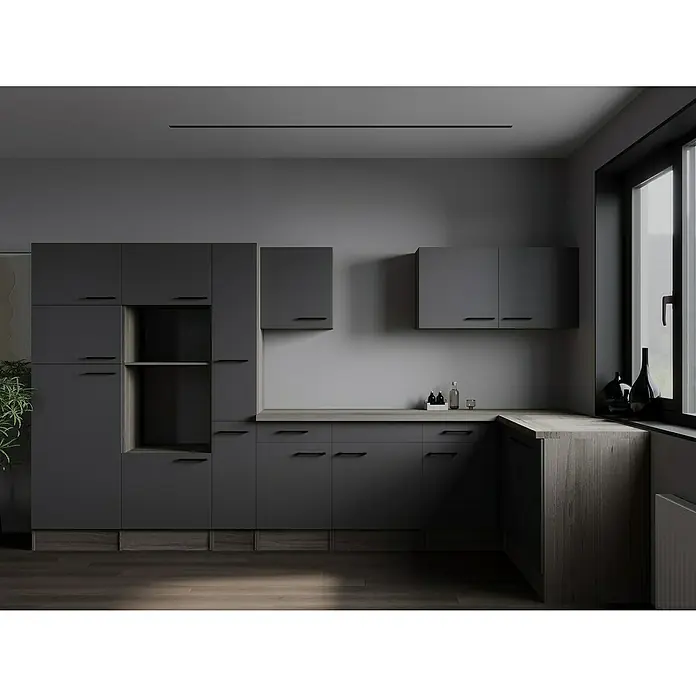 Respekta Olivia Winkelküche - Breite: 370 cm, Eiche-Grau, Ohne Elektrogeräte - Bild einer modernen, grauen Küche mit klaren Linien und hölzernen Arbeitsplatten, die ein elegantes und minimalistisches Design zeigt.