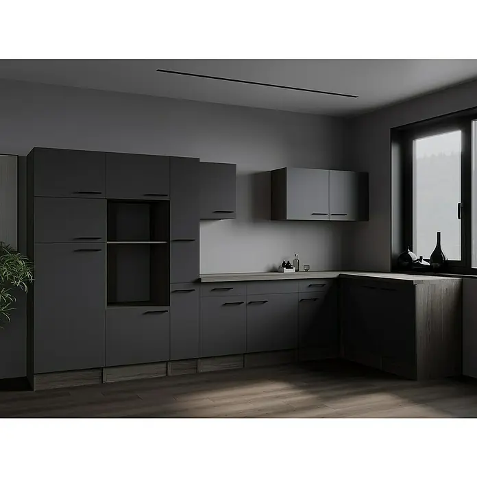Respekta Olivia Winkelküche - Breite: 370 cm, Eiche-Grau, Ohne Elektrogeräte - Elegante graue Küche mit modernen Schränken, die Stauraum und minimalistisches Design vereinen. Perfekt für zeitgemäße Wohnräume.