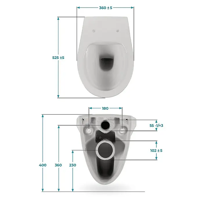 Calmwaters Wand-WC Spülrandlos - Spülrandlos, Ohne Spezialglasur, Spülform: Tief, WC Abgang: Waagerecht, Manhattan-Grau - Abbildung einer hängenden Toilette mit Maßangaben. Die Maße sind in Millimetern angegeben und mit Toleranzen versehen.
