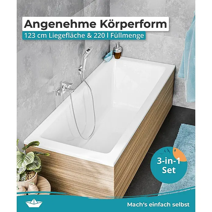 Calmwaters Badewanne Modern Square - Sanitäracryl, Weiß - Einbau-Badewanne mit Holzverkleidung, kombiniert Komfort und Design. Die Badewanne bietet mit 123 cm Liegefläche und 220 I Füllmenge viel Platz für Entspannung.