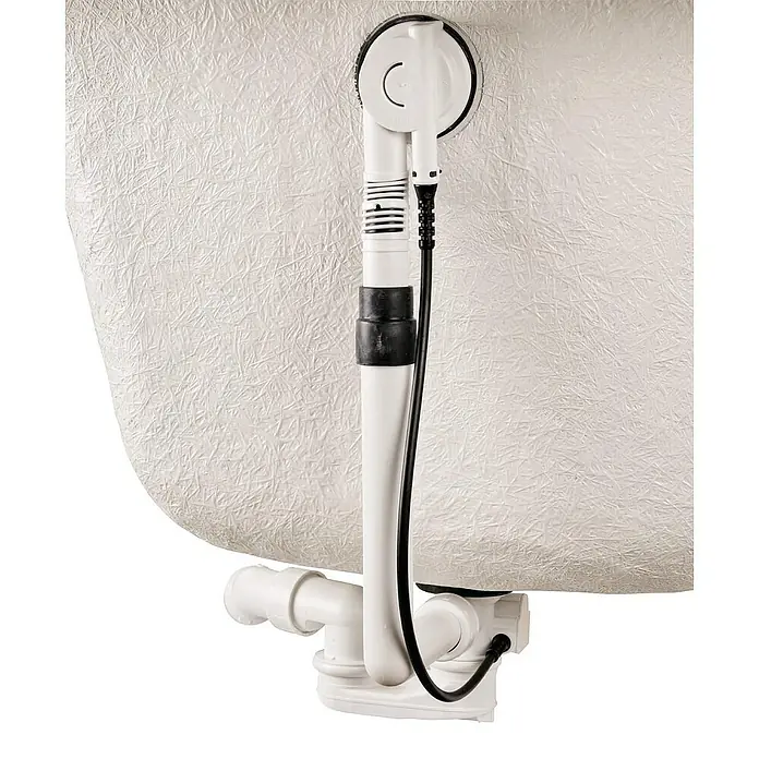 Calmwaters Badewanne Modern Square - Sanitäracryl, Weiß - Detailansicht eines weißen Badewannenablaufsystems mit schwarzem Kabel.
