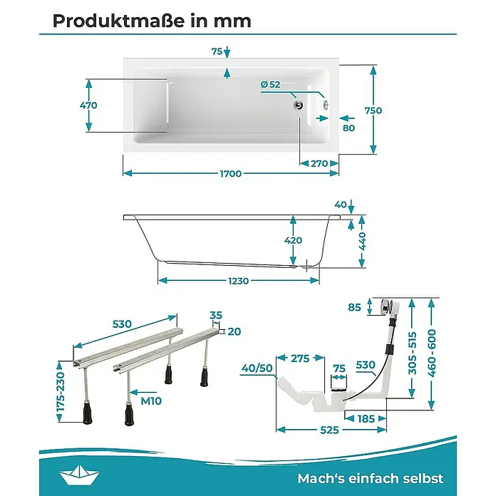 Calmwaters Badewanne Modern Square - Sanitäracryl, Weiß - Produktzeichnung einer Badewanne mit allen Maßen in mm. Die Zeichnung zeigt die Maße für die Badewanne, Füße und Ablaufgarnitur.