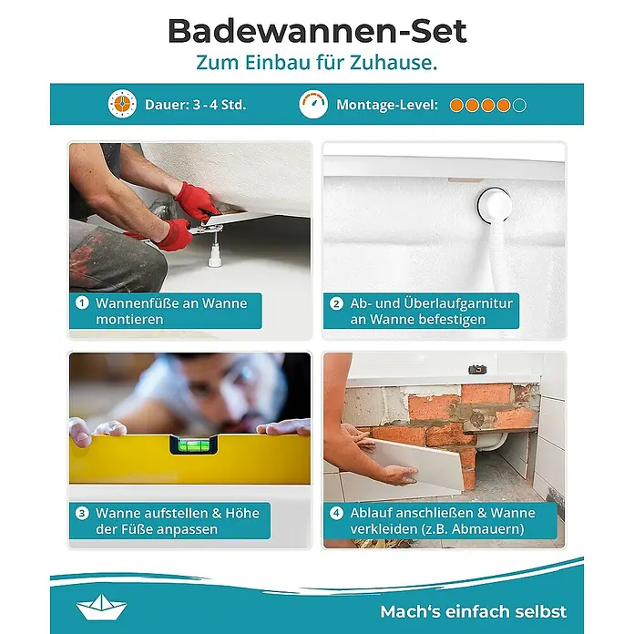 Calmwaters Badewanne Modern Square - Sanitäracryl, Weiß - Badewannen-Set Montageanleitung: Montage der Füße, Ablaufgarnitur, Ausrichtung und Verkleidung der Badewanne für den Einbau zu Hause.