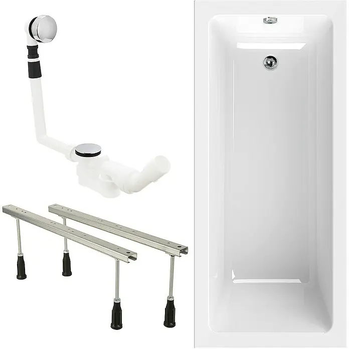 Calmwaters Badewanne Modern Square - Sanitäracryl, Weiß - Produktabbildung einer Badewanne mit Ablaufgarnitur und Füßen zur Montage.