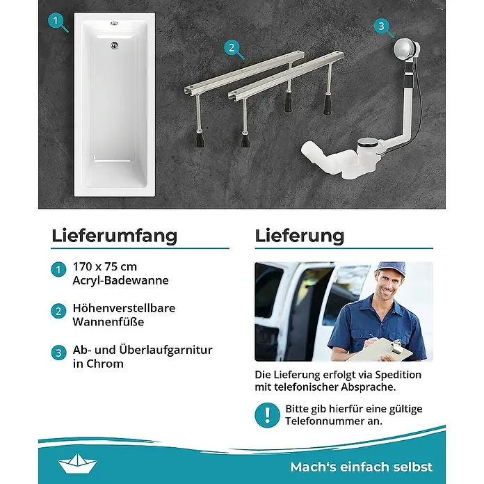 Calmwaters Badewanne Modern Square - Sanitäracryl, Weiß - Produktbild einer Badewanne mit Zubehör. Das Set beinhaltet eine Acryl-Badewanne, höhenverstellbare Füße und eine Ab- und Überlaufgarnitur in Chrom.