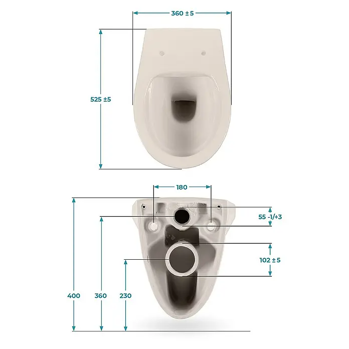 Calmwaters Wand-WC Spülrandlos - Spülrandlos, Ohne Spezialglasur, Spülform: Tief, WC Abgang: Waagerecht, Pergamon - Eine schematische Darstellung einer wandhängenden Toilette mit verschiedenen Maßangaben zur detaillierten Produktansicht.
