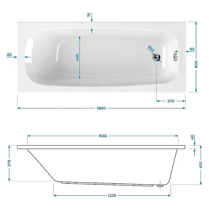 Calmwaters Badewanne Original - Sanitäracryl, Weiß - Detaillierte Skizze einer Badewanne mit Maßangaben zu Länge, Breite und Höhe für Installationszwecke.