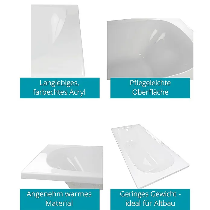 Calmwaters Badewanne Original - Sanitäracryl, Weiß - Bilder zeigen eine Badewanne mit Acryl, pflegeleichter Oberfläche und geringem Gewicht, ideal für Altbau.