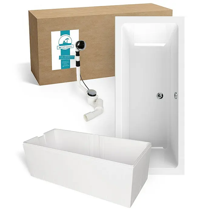 Calmwaters Badewanne Modern Select - Sanitäracryl, Weiß - Produktansicht eines rechteckigen Badewannen-Sets mit Ablaufgarnitur und Montagegestell.