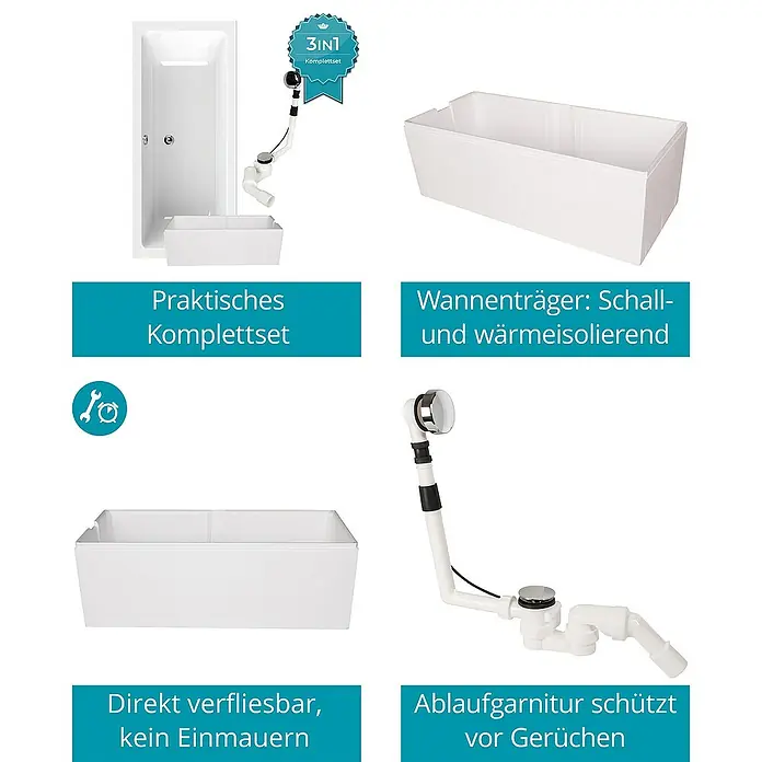 Calmwaters Badewanne Modern Select - Sanitäracryl, Weiß - Komplettes Badewannen-Set mit Schall- und Wärmeisolierung, bestehend aus Wannenfuß, Ablaufgarnitur und Montagematerial.